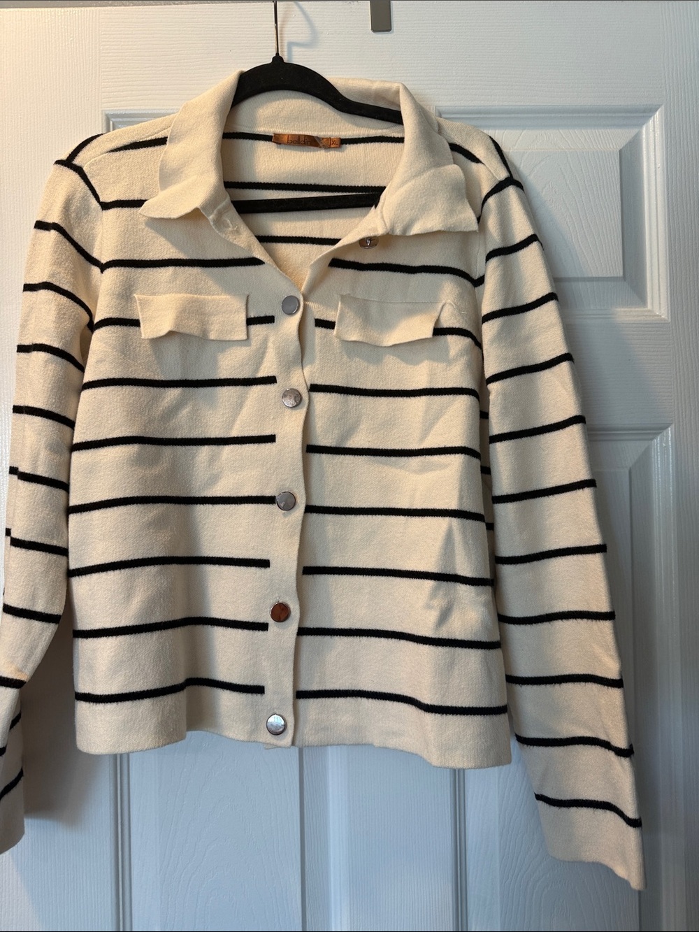 Belldini Cream and Black Striped Button Front Sweater Jacket